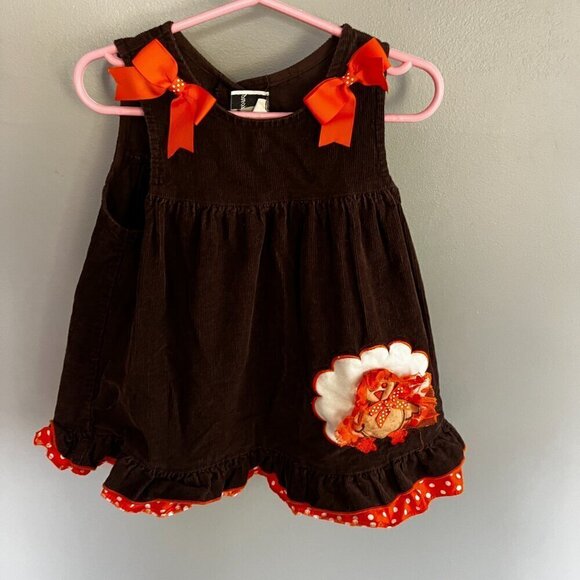 Thanksgiving Turkey Dress Baby Girl Dress ?Vintage Size 2T Bows Brown & Orange - Picture 2 of 8